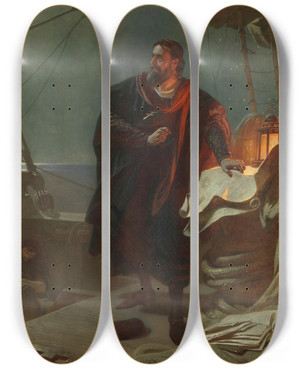 Triptych art skateboard deck of Karl Theodor Von Piloty Kolumbus by Karl Theodor Von Piloty (1826-1886)