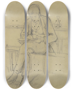 Triptych art skateboard deck of Gustav Schraegle Schreibender Junger Mann In Einer Gartenwirtschaft by Gustav Schraegle (1867-1925)