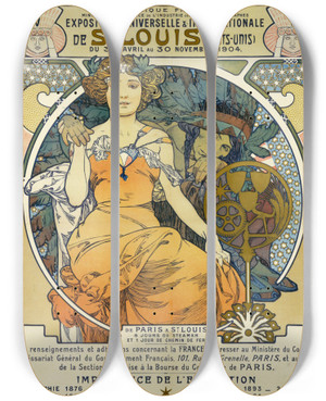 Triptych art skateboard deck of Alphonse Mucha Exposition Universelles Et Internationale De St Louis Etats Unis Du 30 Avril Au 30 Novembre by Alphonse Mucha (1860-1939)