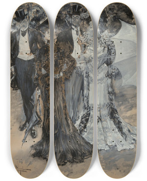 Triptych art skateboard deck of Albert Beck Wenzell The Promenade by Albert Beck Wenzell (1864-1917)
