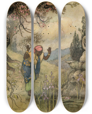 Triptych art skateboard deck of Warwick Goble The Slave At The Well by Warwick Goble (1862-1943)