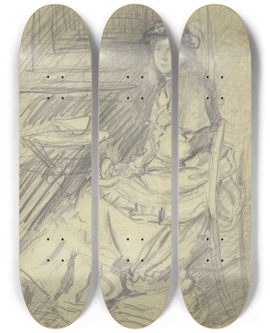 Triptych art skateboard deck of Otto Scholderer Luise Scholderer Im Reisekostm An Einem Tisch Sitzend by Otto Scholderer (1834-1902)