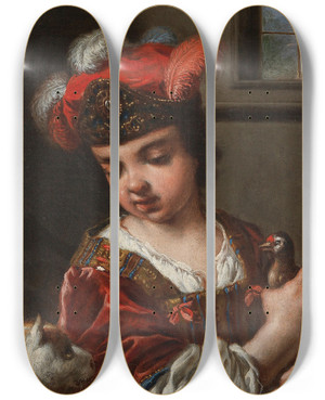 Triptych art skateboard deck of Antonio Mercurio Amorosi A Girl Halflength Holding A Bird With A Cat In The Foreground by Antonio Mercurio Amorosi (1660-1738)