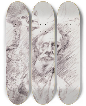 Triptych art skateboard deck of Lovis Corinth Anatomist With Skelleton by Lovis Corinth (1858-1925)