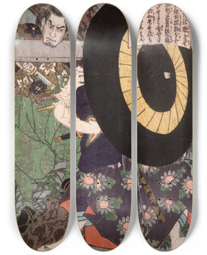 Triptych art skateboard deck of Tsukioka Yoshitoshi Nikki Bennosuke With Umbrella by Tsukioka Yoshitoshi (1839-1892)