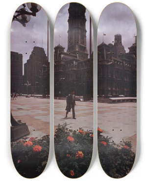Triptych art skateboard deck of Us Information Agency Scenically Yours City Hall In Philadelphia Pennsylvania by U S Information Agency (1953-1999)