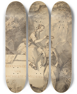 Triptych art skateboard deck of Gerard Van Nijmegen Allegory Of Painting And Drawing by Gerard Van Nijmegen (1735-1808)