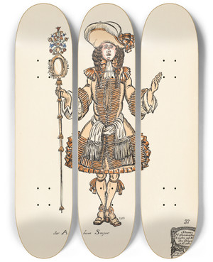 Triptych art skateboard deck of Ernst Stern Der Ansager Beim Souper by Ernst Stern (1876-1954)