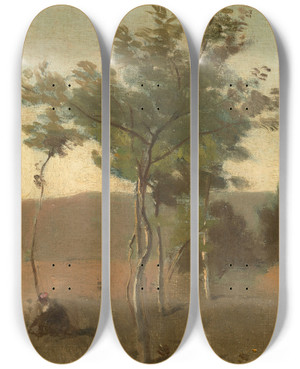 Triptych art skateboard deck of Jeanbaptistecamille Corot Bouquet Darbres Effet De Crpuscule by Jean-Baptiste-Camille Corot (1796-1875)