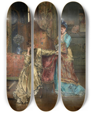 Triptych art skateboard deck of Alfred Stevens The Visit_2 by Alfred Stevens (1817-1875)