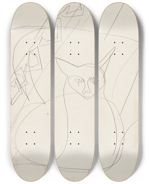 Triptych art skateboard deck of Ernst Ludwig Kirchner Sketch Of A Lying Cat by Ernst Ludwig Kirchner (1880-1938)