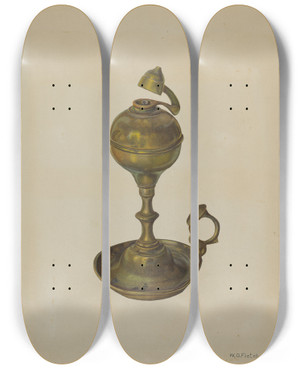 Triptych art skateboard deck of William O Fletcher Brass Lamp by William O Fletcher