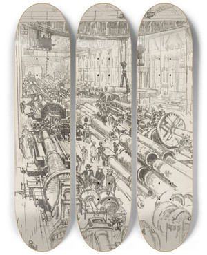 Triptych art skateboard deck of Joseph Pennell The Gun Shop by Joseph Pennell (1857-1926)