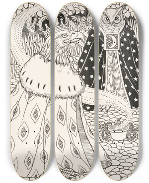 Triptych art skateboard deck of Percy J Billinghurst The Eagle And The Owl by Percy J Billinghurst (1871-1933)