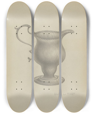 Triptych art skateboard deck of Eugene La Foret Silver Cream Pitcher by Eugene La Foret
