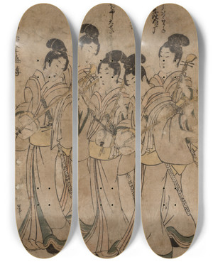 Triptych art skateboard deck of Kikukawa Eizan Young Women With Musical Instruments by Kikukawa Eizan (1787-1867)
