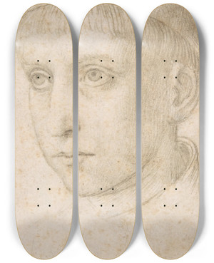 Triptych art skateboard deck of Master Of The Legend Of Saint Ursula Head Of A Boy by Master of the Legend of Saint Ursula (1436-1505)
