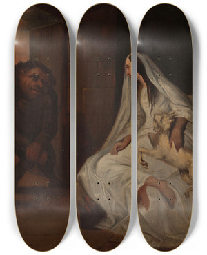Triptych art skateboard deck of Antoine Johannot Esmeralda Et Quasimodo by Antoine Johannot (1803-1852)
