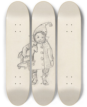 Triptych art skateboard deck of Christian Krohg Liten Gutt Med Gyngehest by Christian Krohg (1852-1925)