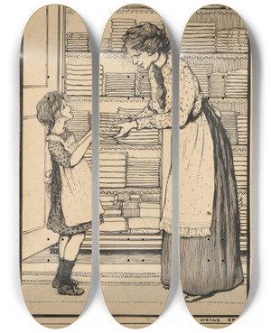 Triptych art skateboard deck of Nelly Spoor Vrouw Reikt Een Meisje Een Stapel Lakens Aan by Nelly Spoor (1885-1950)