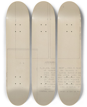 Triptych art skateboard deck of Margaret Concha Descripiton Of A Wedding Dress by Margaret Concha