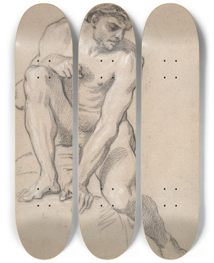 Triptych art skateboard deck of Louis De Boullogne The Younger Study Of A Malenude by Louis de Boullogne the Younger (1654-1733)