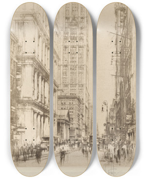 Triptych art skateboard deck of William Walcot Lower Broadway Downtown New York by William Walcot (1874-1943)