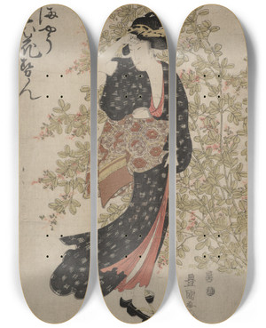 Triptych art skateboard deck of Toyokuni Utagawa Hagi by Toyokuni Utagawa (1769-1825)
