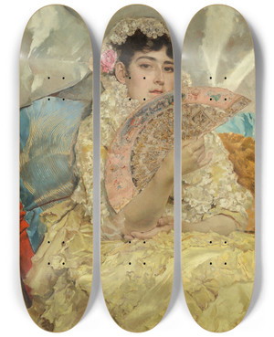Triptych art skateboard deck of Jos Villegas Cordero Portrait Of A Woman With Fan by Jose Villegas Cordero (1848-1921)