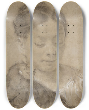 Triptych art skateboard deck of Giovanni Battista Piazzetta Girl With A Hen by Giovanni Battista Piazzetta (1682-1754)