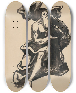 Triptych art skateboard deck of Jn Novk Figra Starca S Rozoviatou Drapriou by Jan Novak (1921-1944)