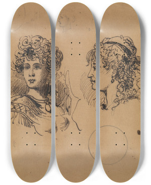 Triptych art skateboard deck of George Augustus Sala Two Female Heads by George Augustus Sala (1828-1895)