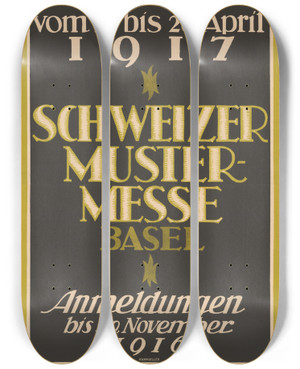 Triptych art skateboard deck of Paul Kammller Vom 15 Bis 29 April 1917 Schweizer Mustermesse Basel Anmeldungen Bis 30 November 1916 by Paul Kammuller (1885-1946)