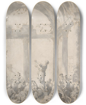 Triptych art skateboard deck of Giovanni Paolo Panini Saint Paul Preaching In Athens by Giovanni Paolo Panini (1691-1765)