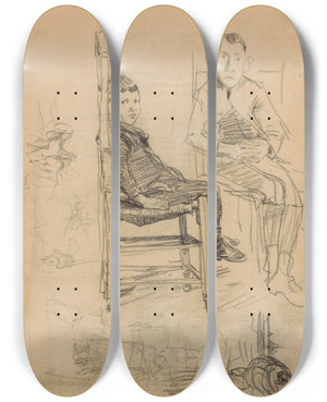 Triptych art skateboard deck of Marius Bauer Studieblad Onder Andere Met Twee Zittende Jongens by Marius Bauer (1867-1932)