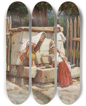 Triptych art skateboard deck of Spiro Bocaric At The Well by Spiro Bocaric (1878-1941)