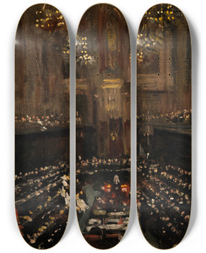 Triptych art skateboard deck of Sir John Lavery The Ratification Of The Irish Treaty In The English House Of Lords 1921 by Sir John Lavery (1856-1941)