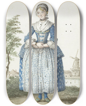 Triptych art skateboard deck of Paulus Constantijn La Fargue Noordhollands Meisje by Paulus Constantijn La Fargue (1729-1782)