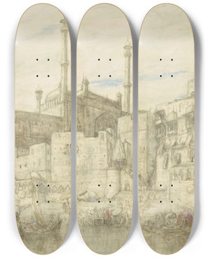 Triptych art skateboard deck of Marius Bauer Aan De Ganges Bij Benares by Marius Bauer (1867-1932)