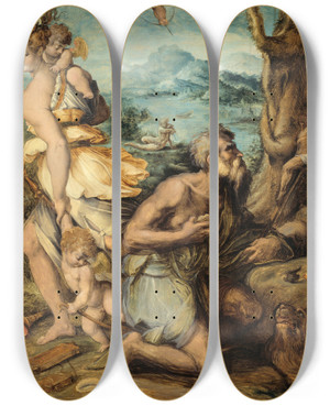 Triptych art skateboard deck of Giorgio Vasari The Temptation Of Saint Jerome by Giorgio Vasari (1511-1574)
