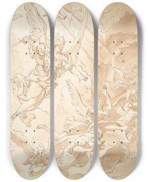 Triptych art skateboard deck of Domenico Piola Fall Of The Rebelangels by Domenico Piola (1627-1703)