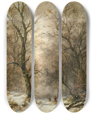 Triptych art skateboard deck of Remigius Adrianus Van Haanen Lumberjacks In A Winter Forest by Remigius Adrianus Van Haanen (1812-1894)