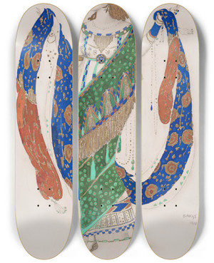 Triptych art skateboard deck of Lon Bakst Costume Design For An Oriental Dancer by Leon Bakst (1866-1924)
