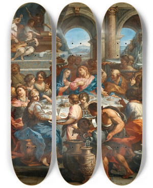 Triptych art skateboard deck of Giovanni Battista Lenardi The Marriage At Cana by Giovanni Battista Lenardi (1656-1704)