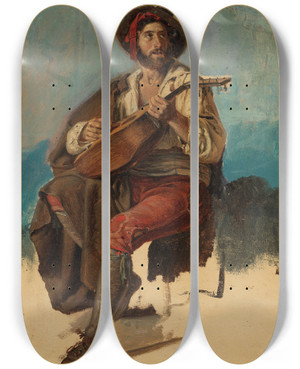 Triptych art skateboard deck of Johann Baptist Kirner Sitzender Italienischer Musikant Stuhl Unvollendet by Johann Baptist Kirner (1806-1866)
