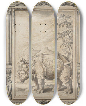 Triptych art skateboard deck of Johann Melchior Fssli Rhinoceros In A Landscape Within An Ornamental Frame by Johann Melchior Fussli (1677-1736)