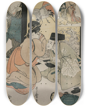 Triptych art skateboard deck of Kitagawa Utamaro Chushingura Act I Of The Storehouse Of Loyalty by Kitagawa Utamaro (1753-1806)