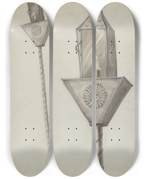 Triptych art skateboard deck of Majel G Claflin Penitente Processional Lantern by Majel G Claflin (1893-1941)