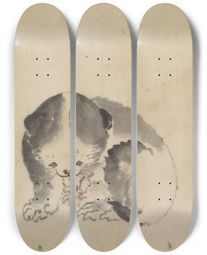 Triptych art skateboard deck of Katsushika Hokusai A Cat Cleaning Its Claws by Katsushika Hokusai (1760-1849)