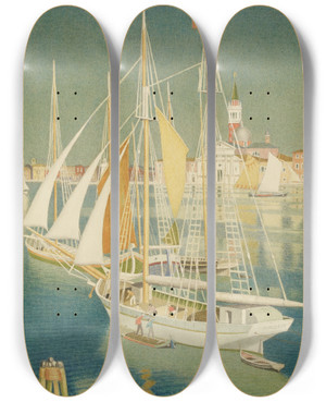 Triptych art skateboard deck of Joseph Edward Southall Ships From The Adriatic Venice by Joseph Edward Southall (1861-1944)